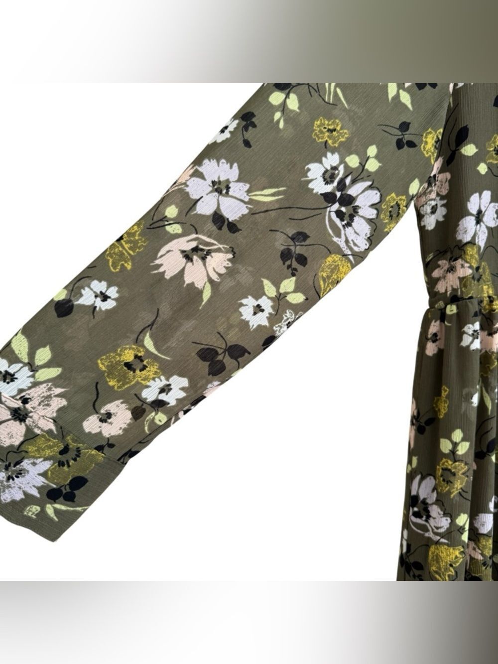 Madewell Cinch-Waist Tiered Midi Dress Wildblooms Olive Green Floral Cottage M - Picture 6 of 10